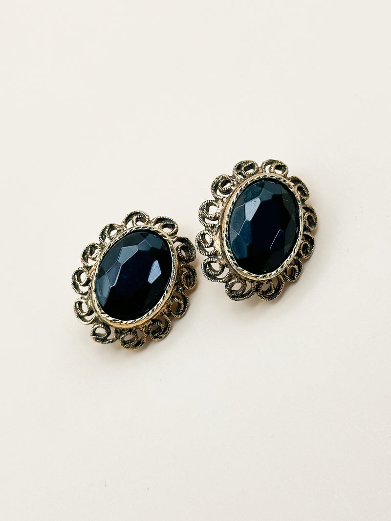 Black “Jewel” Clip-Ons w/ Ornate Gold-Tone Detail