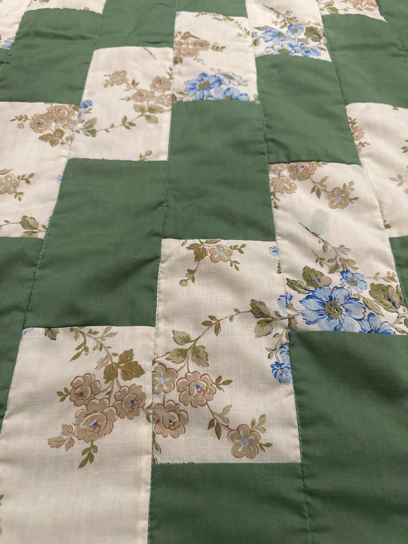 Muted Green Quilt W/ Blue & Tan Floral Patches