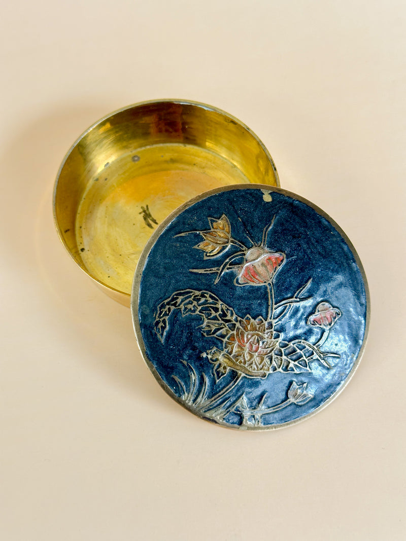 Small Brass Trinket Box w/ Enamel Design Lid