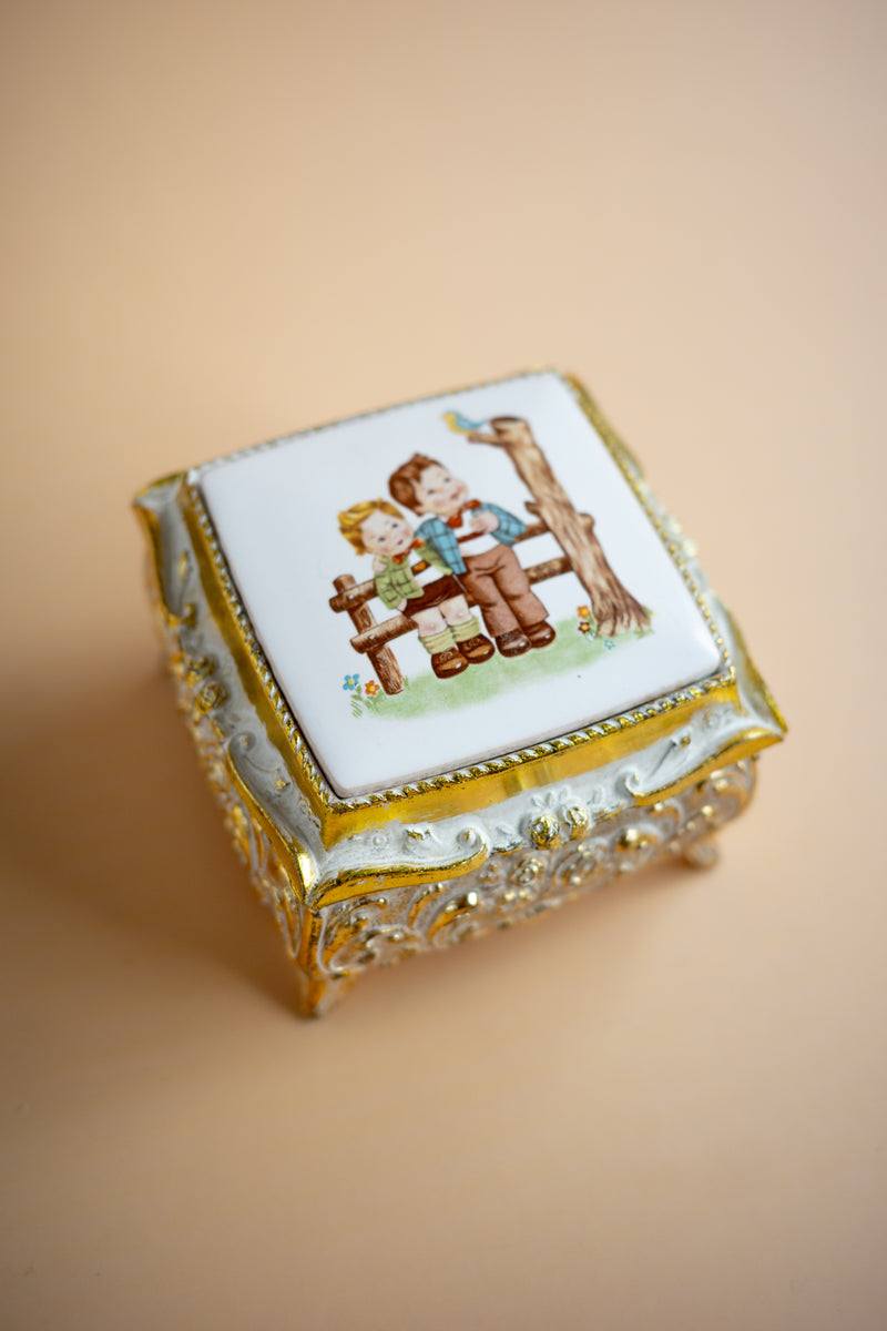 Adorable Gold Musical Trinket Box w/ 2 Boys & A Bird