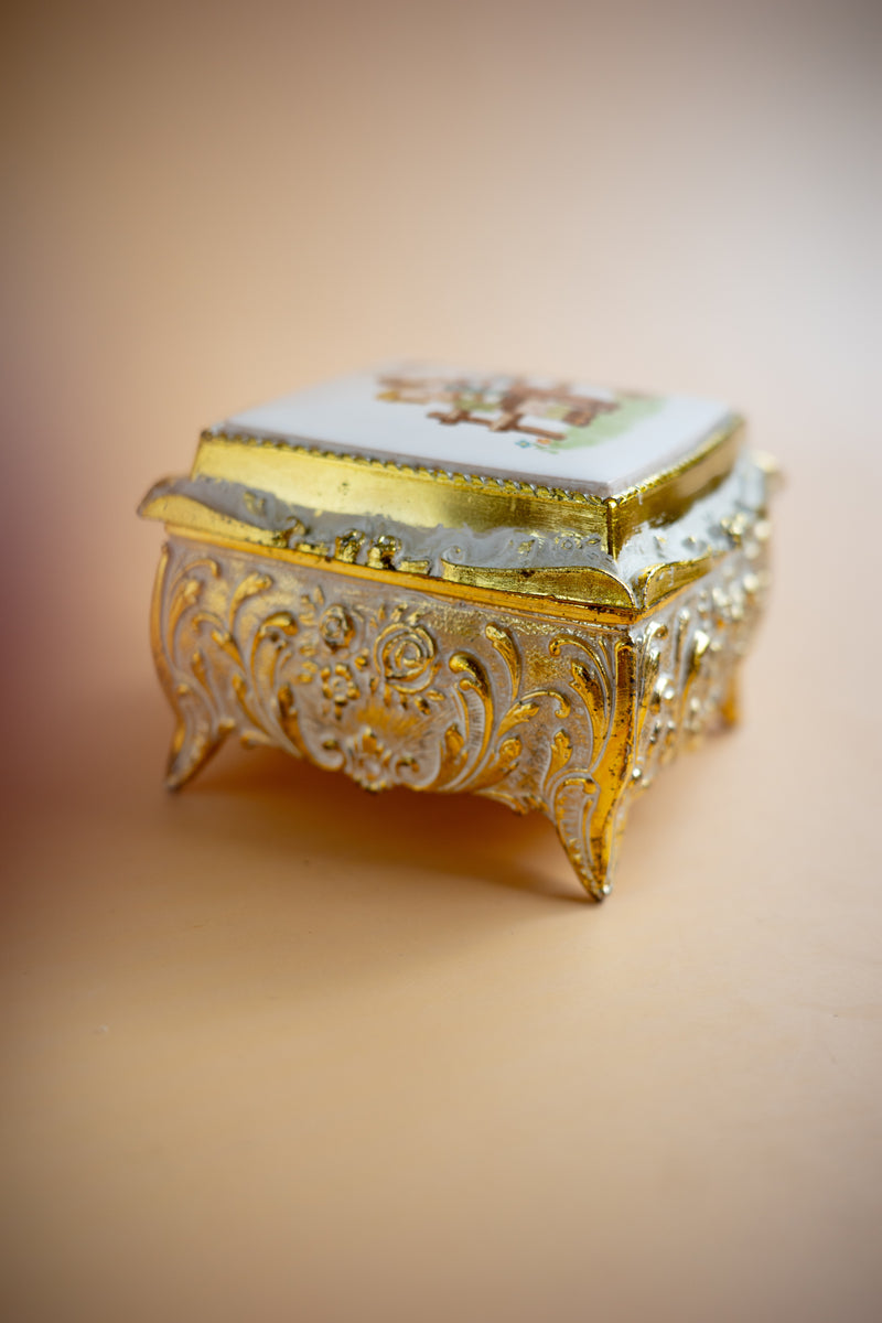 Adorable Gold Musical Trinket Box w/ 2 Boys & A Bird