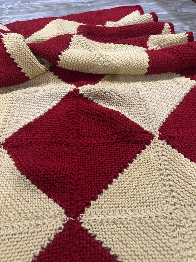 Red & Tan Diamond Pattern Hand-Knit Afghan