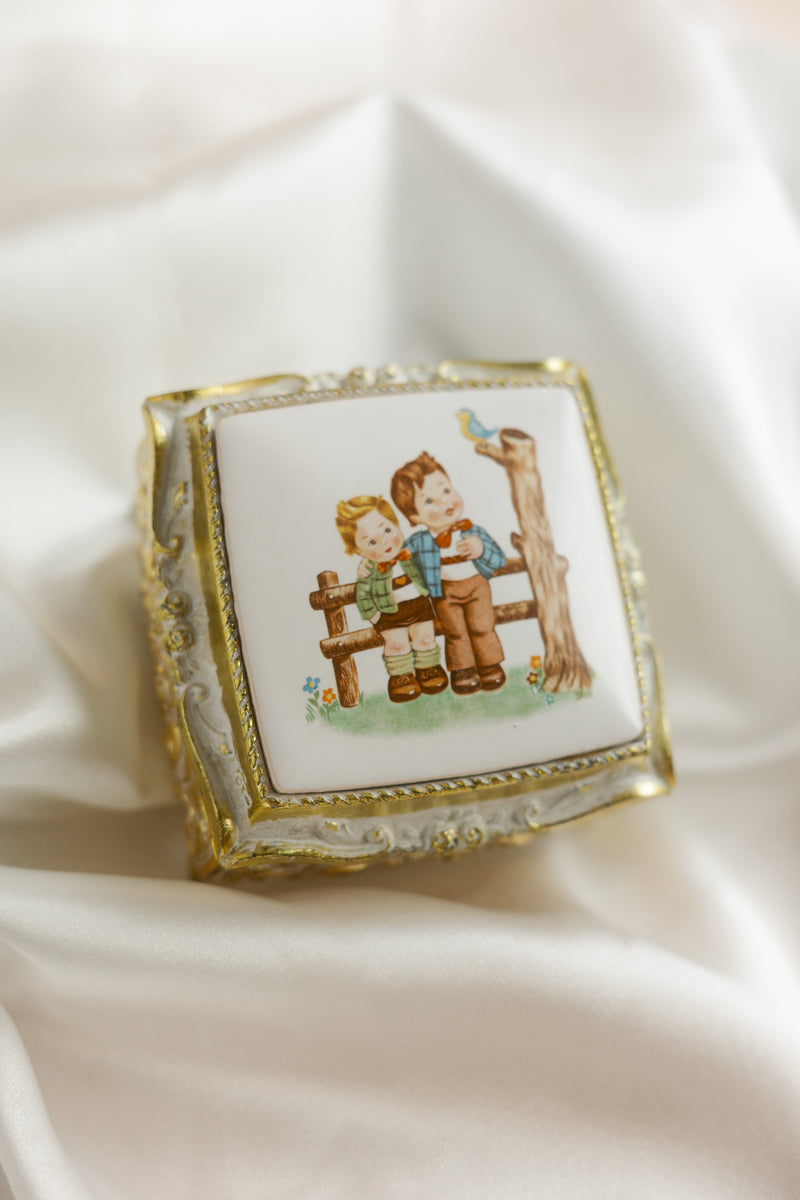 Adorable Gold Musical Trinket Box w/ 2 Boys & A Bird