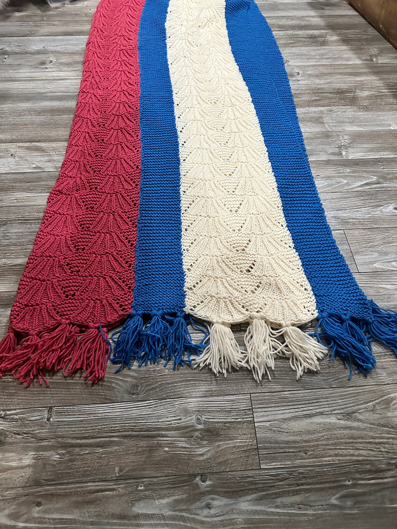 Pink, White & Blue Hand-Knit Afghan W/ Tassels