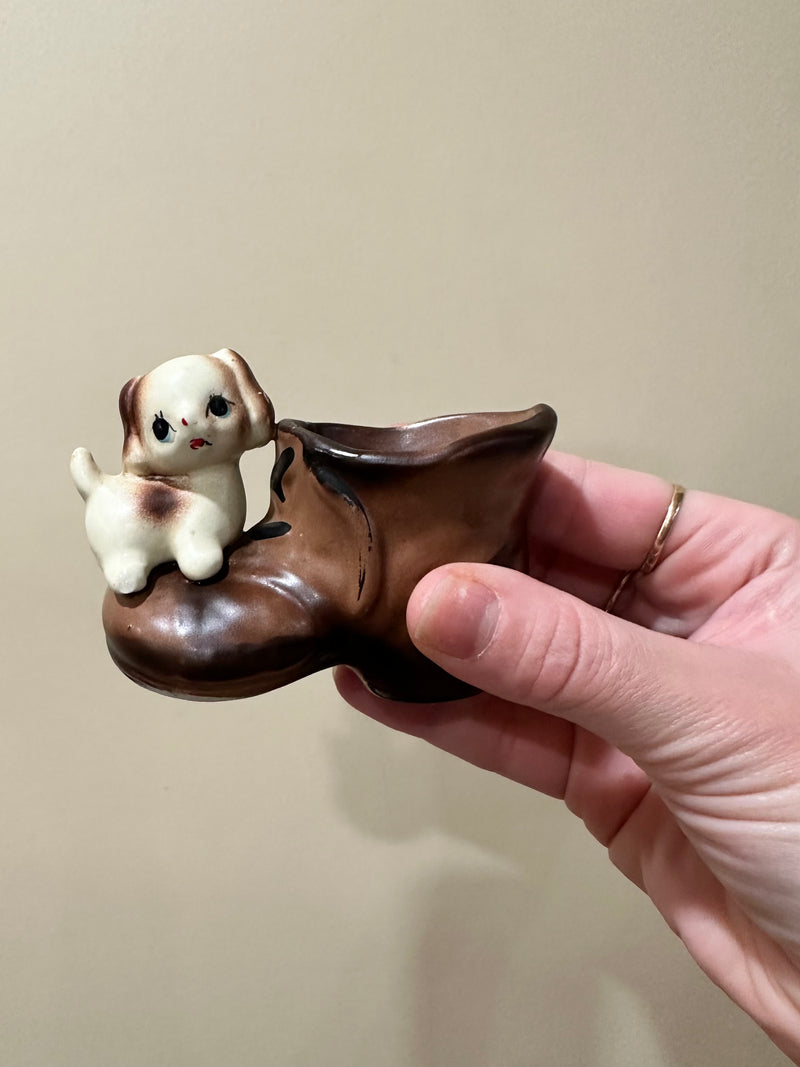 Light Puppy On A Boot Figurine - Vintage Enesco Imports Japan