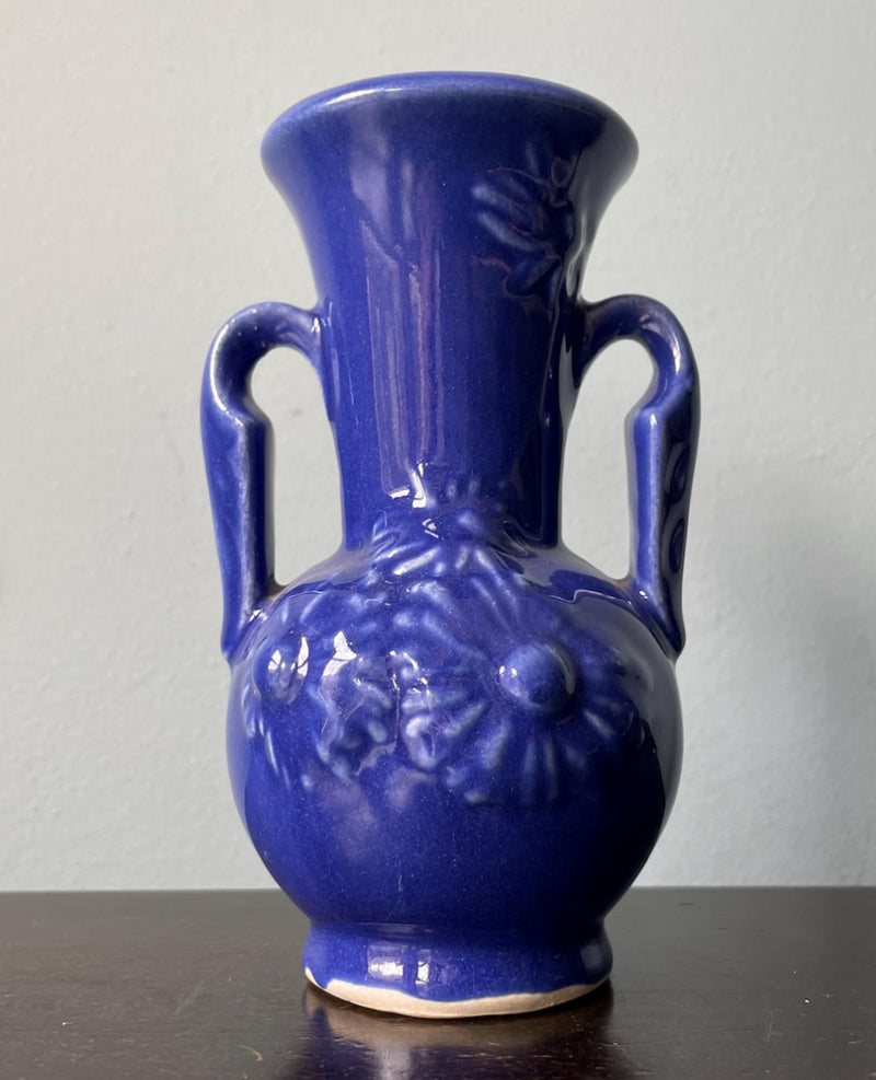 Cobalt Blue Vase w/ Embossed Flowers - Vintage Shawnee