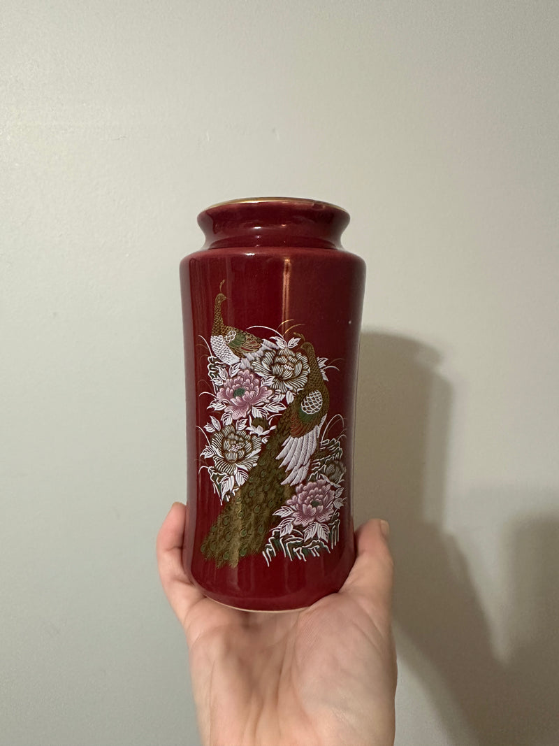 Burgundy Japanese Peacock Vase w/ Gold Accents