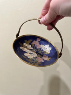 Pretty Brass Cloisonné Trinket Dish W/ Handle