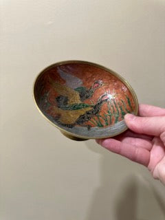 Two Mallards Brass Cloisonné Pedestal Dish