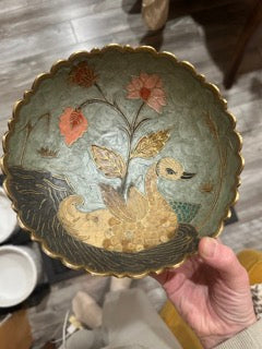 Stunning Brass Decor Bowl w/ Swan & Flower Enamel Design