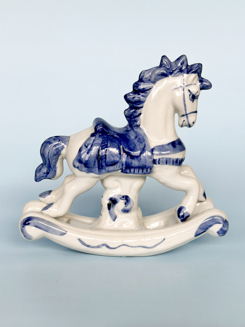 Vintage White & Blue Porcelain Rocking Horse