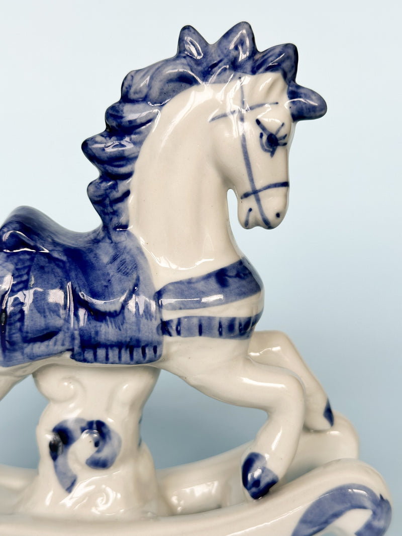 Vintage White & Blue Porcelain Rocking Horse