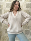 Cozy Oatmeal V-Neck Vintage Cable Knit Sweater