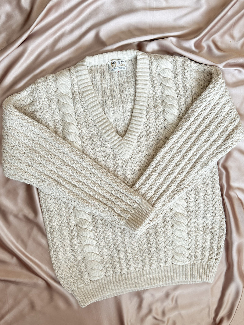 Cozy Oatmeal V-Neck Vintage Cable Knit Sweater